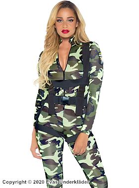 Female paratrooper, costume jumpsuit, long sleeves, front zipper, camouflage (pattern)